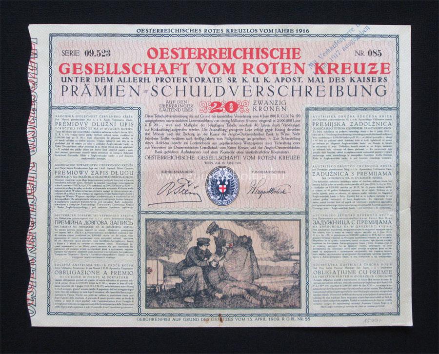 Osztrák Vöröskereszt Egylet kötvény 20 korona 1916